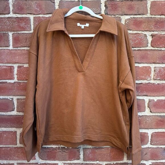 Madewell $80 Cotton-Hemp Oversized Polo Sweatshirt brown women's medium NEW - Picture 4 of 12